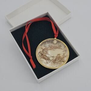 Vtg Barlow Christmas Ornament Etched Santa Sleigh Reindeer Gold Gift Box